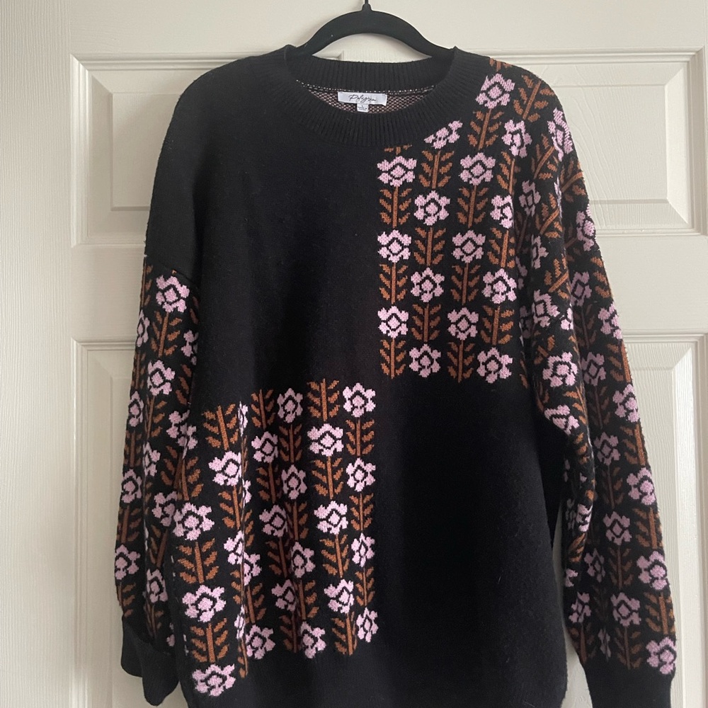 Polagram Black Sweater with Pink and Brown Floral Design